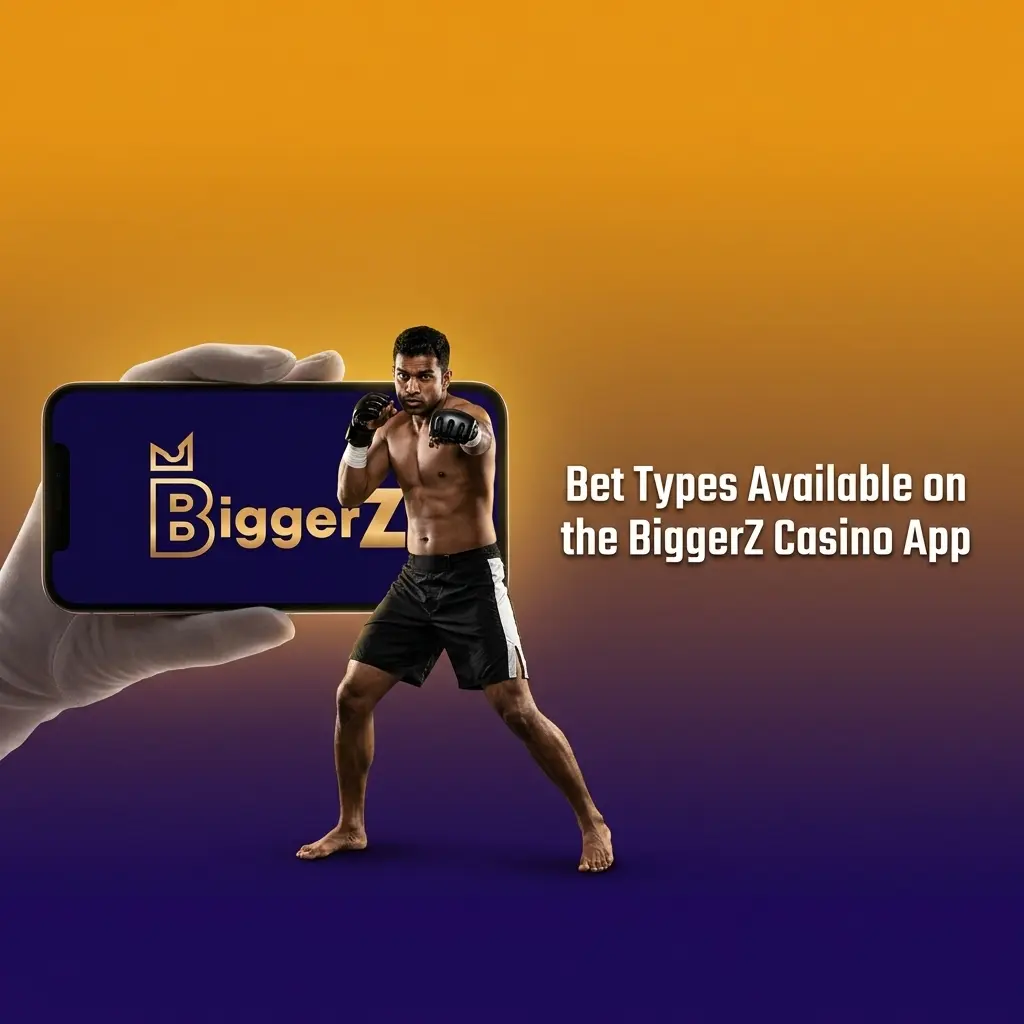 BiggerZ Casino app bet types including single, accumulator, treble, system, and live in-play betting options
