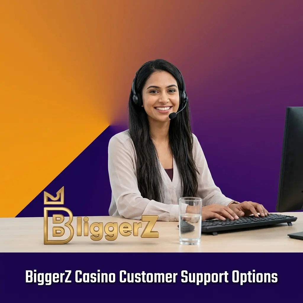 BiggerZ Casino customer support options including 24/7 live chat, email support, and FAQ help centre with response times