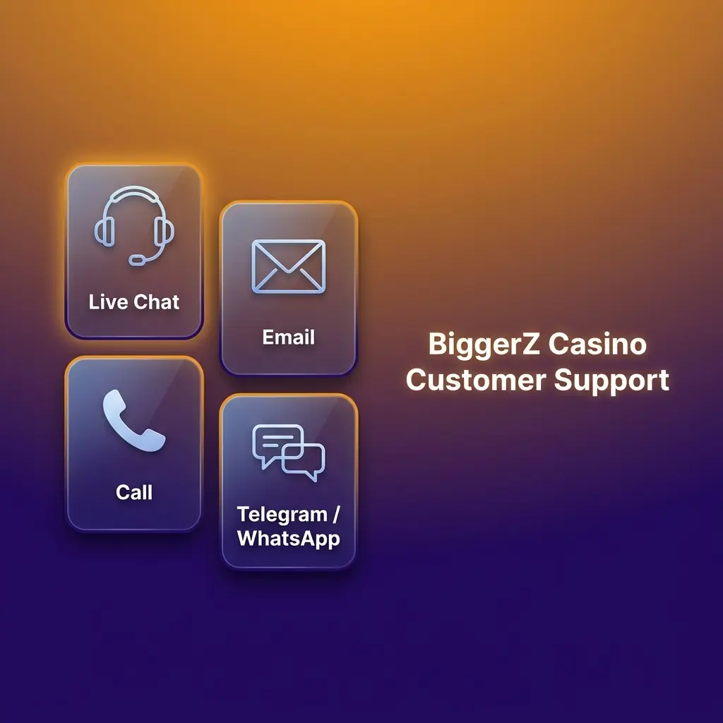 BiggerZ Casino customer support channels including live chat, email, and FAQ available 24/7 for players
