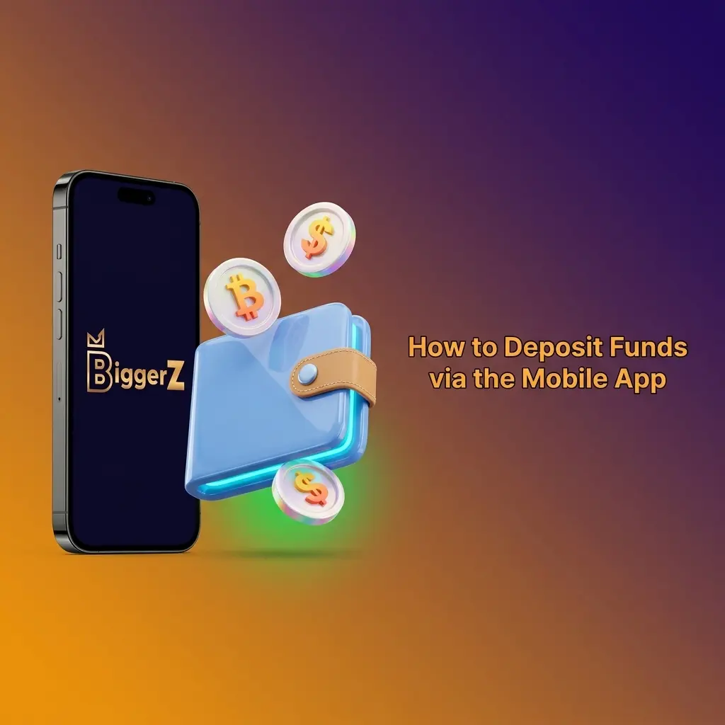 BiggerZ Casino mobile app deposit steps showing Cashier button, payment method selection, and instant fund confirmation