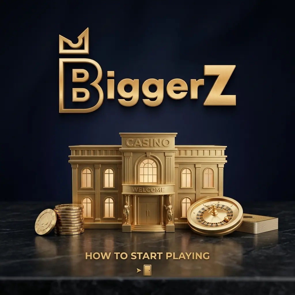 BiggerZ Casino registration and login steps showing deposit, game lobby browsing, and placing bets to start playing