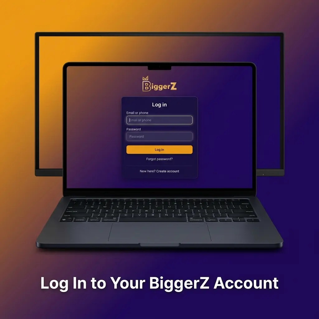 BiggerZ Casino login page showing steps to sign in and access balance, bonuses, and games on web or mobile