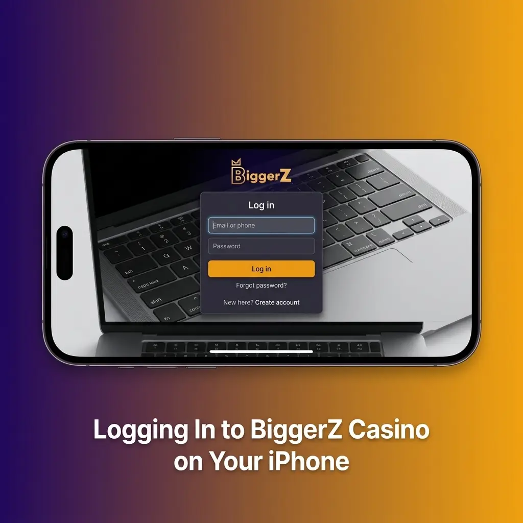 BiggerZ Casino iPhone app login screen showing email, password fields and biometric authentication options for iOS users