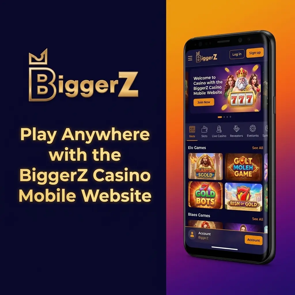 BiggerZ Casino mobile website interface on smartphone and tablet showing games and features accessible via browser