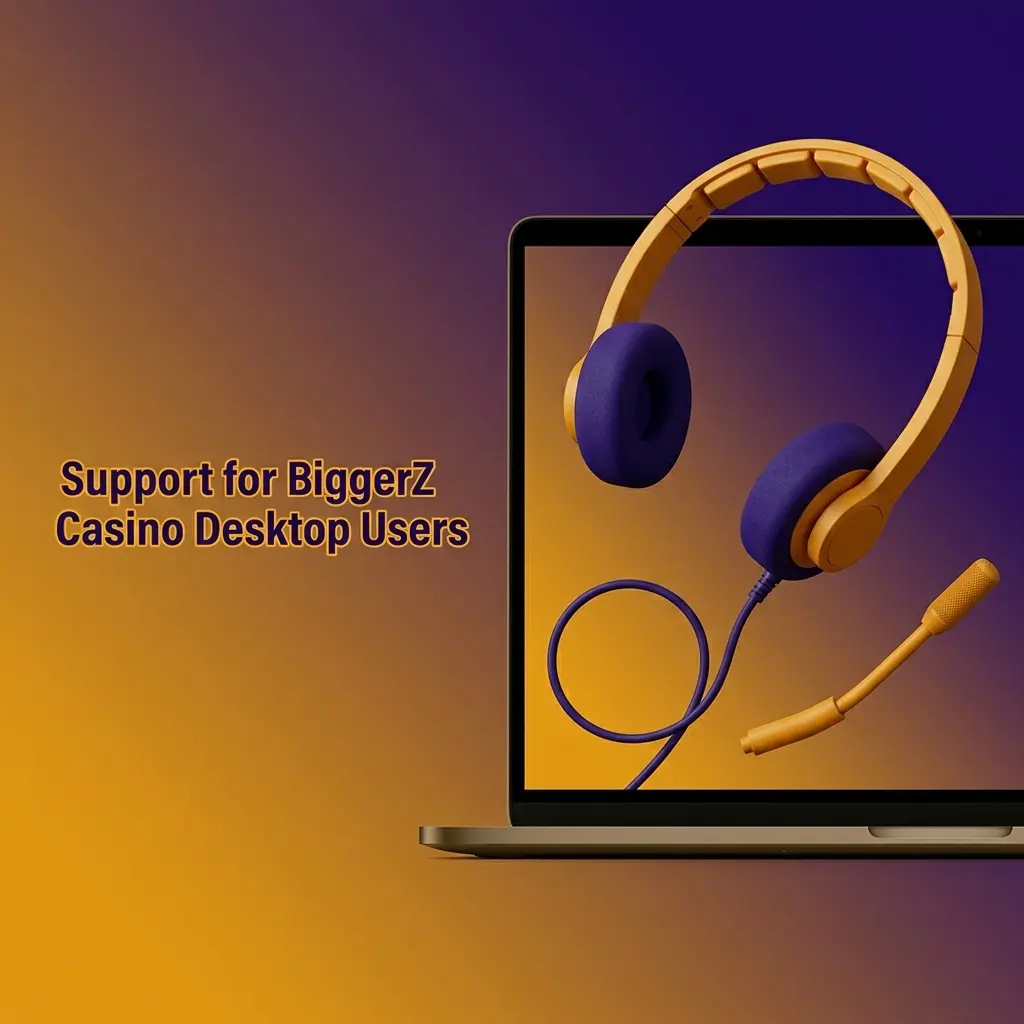 BiggerZ Casino desktop support options including live chat, email, and social media contact methods for user assistance