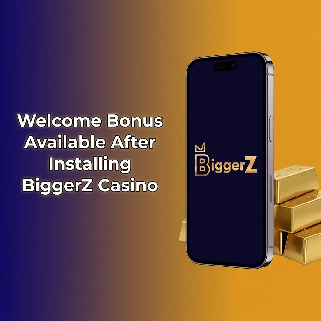 BiggerZ Casino welcome bonus offer showing 50% deposit match up to 1500 USD and 100 free spins after app install