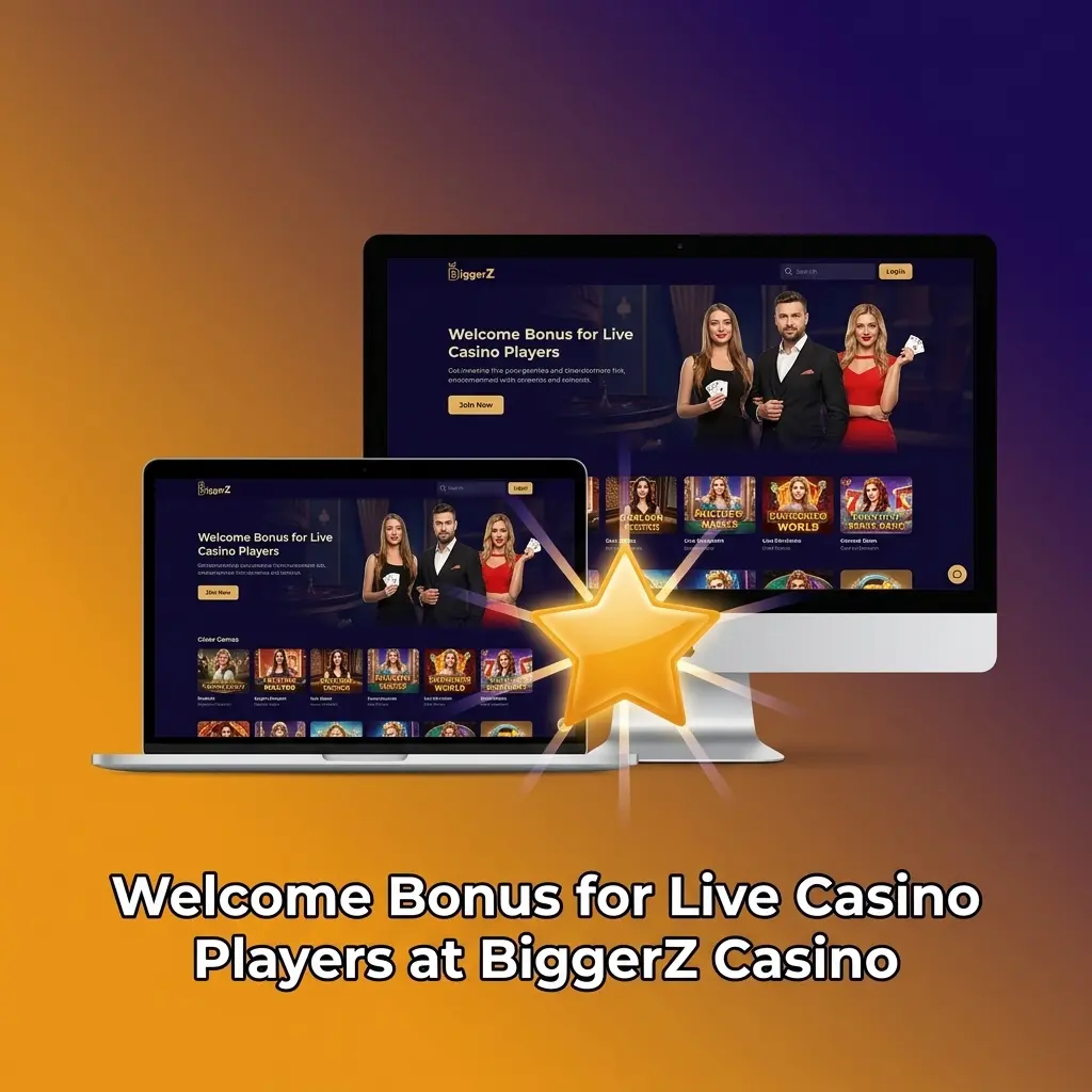 BiggerZ Casino welcome bonus for live casino players showing 50% deposit match up to 1500 USD plus 100 Free Spins