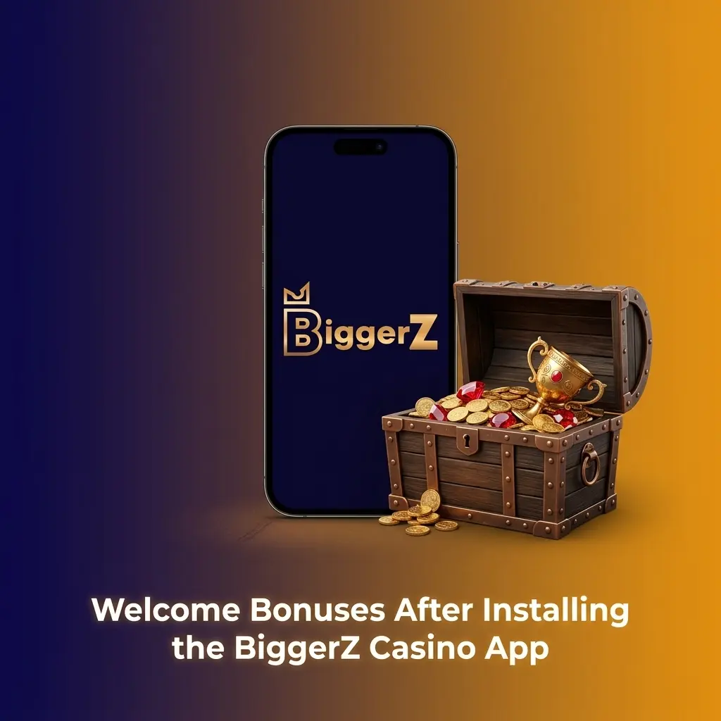 BiggerZ Casino app welcome bonuses showing 50% match up to 1500 USD and 100 Free Spins for new players